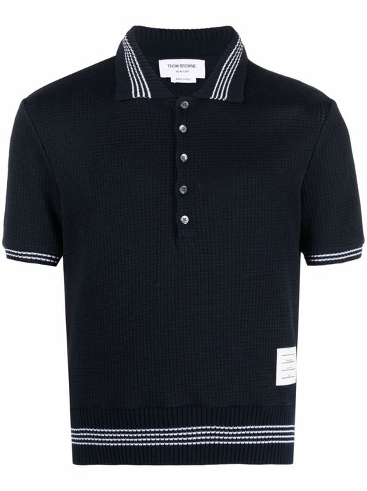 Navy 4-bar Stripe Waffle Knit Polo Shirt