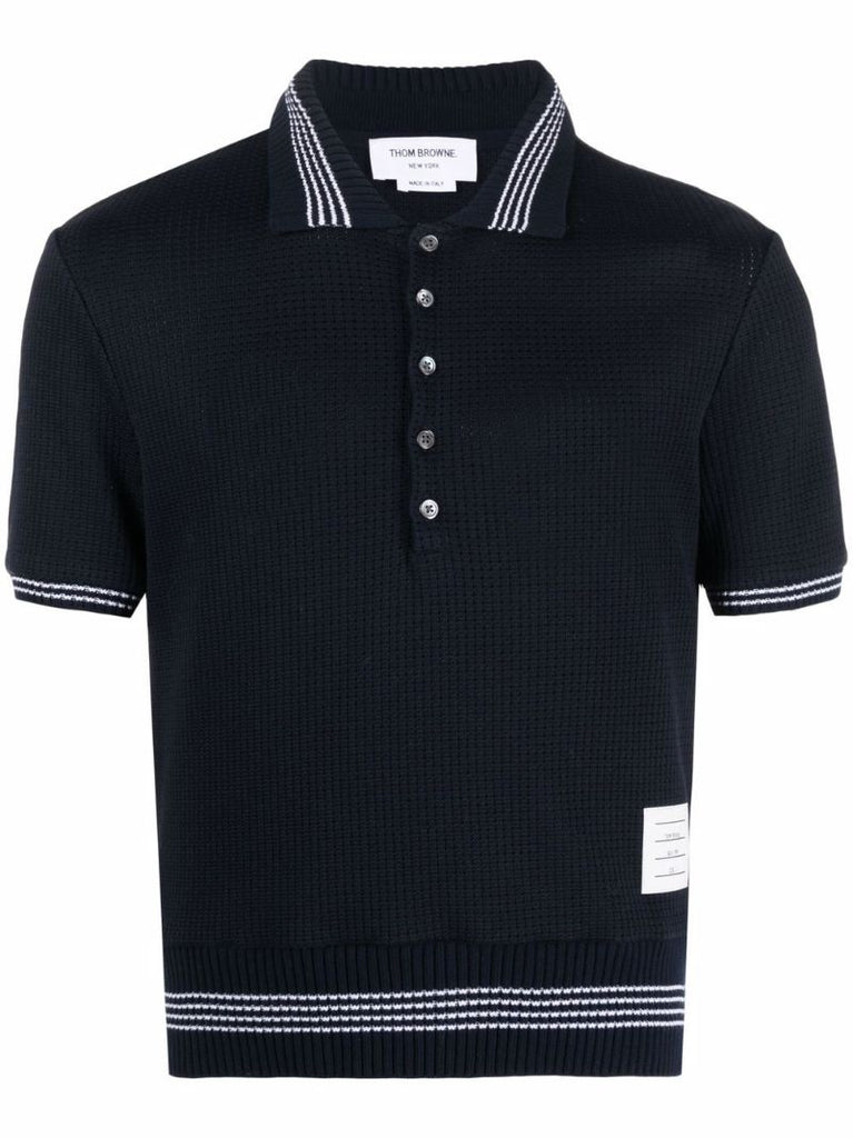 Navy 4-bar Stripe Waffle Knit Polo Shirt