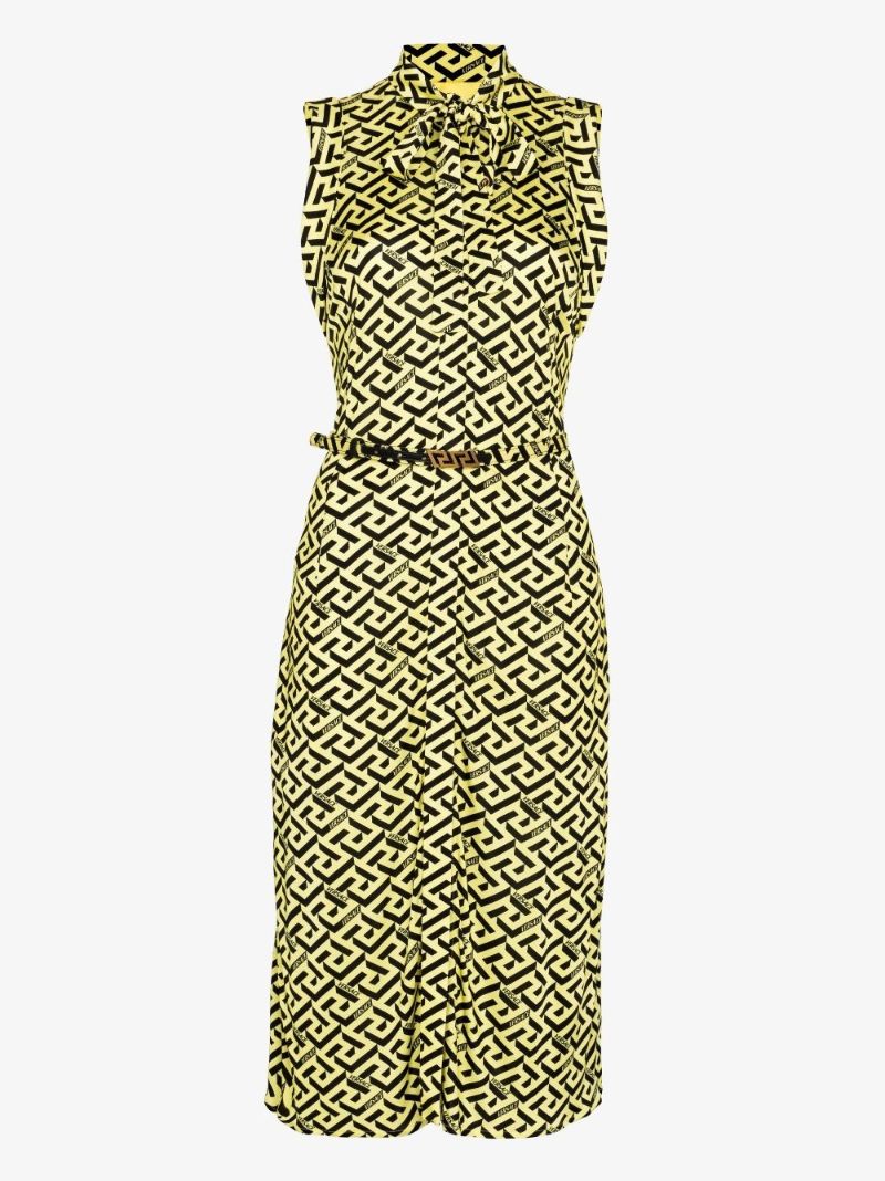 Yellow La Greca Belted Midi Dress