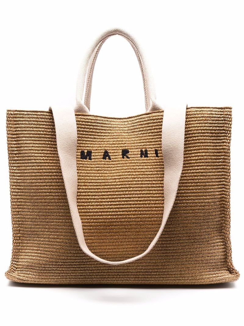 Brown Logo-embroidered Raffia Tote Bag