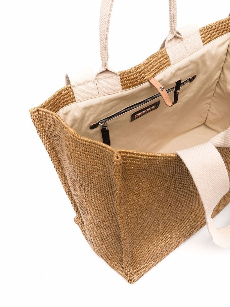 Brown Logo-embroidered Raffia Tote Bag