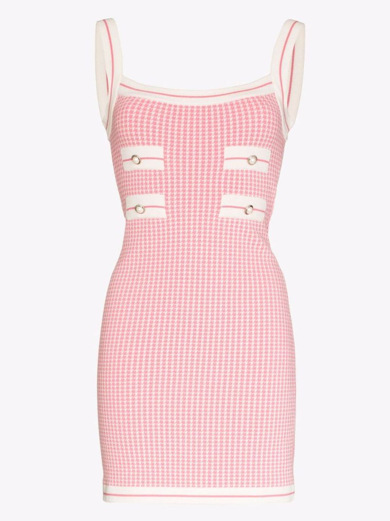 Button Embellished Houndstooth Mini Dress