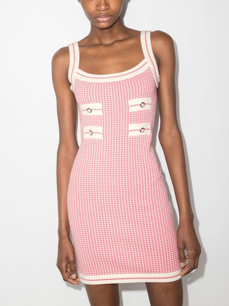 Button Embellished Houndstooth Mini Dress