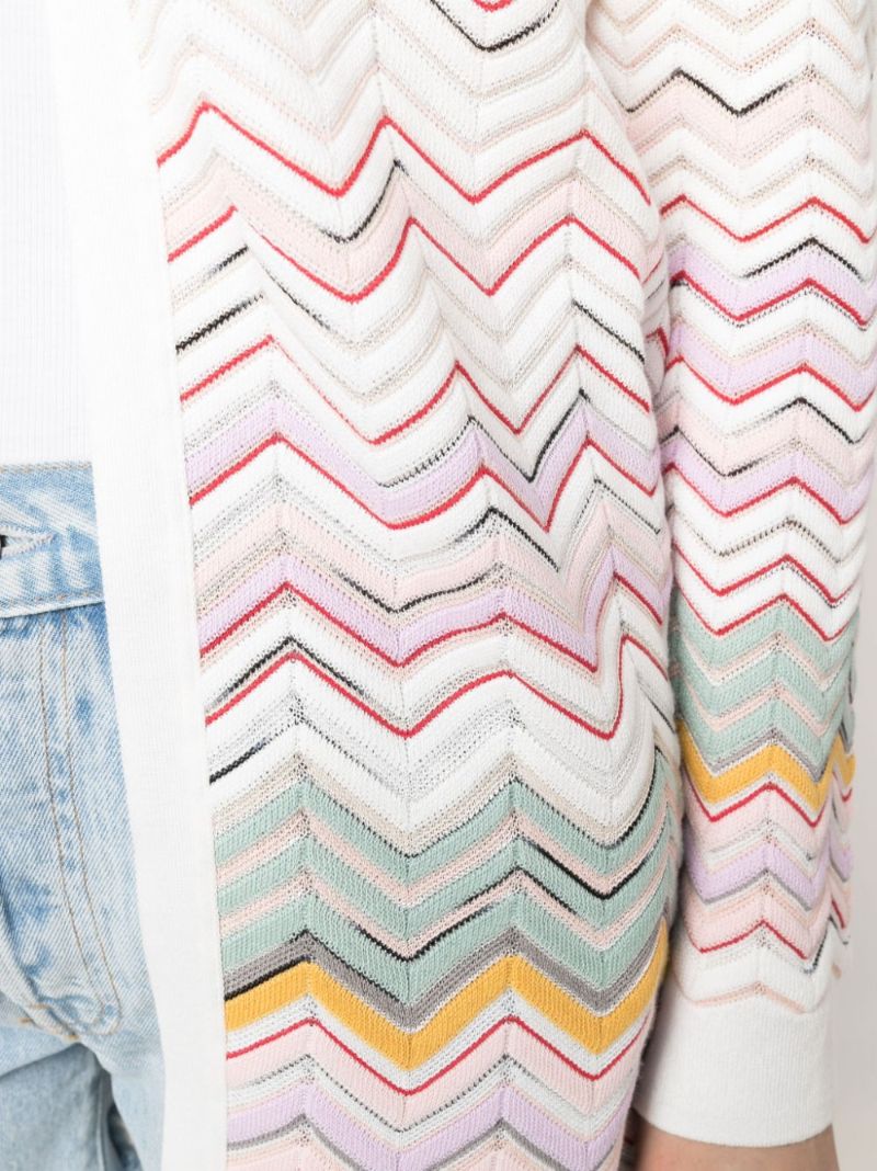 White Zigzag Pattern Belted Cardigan