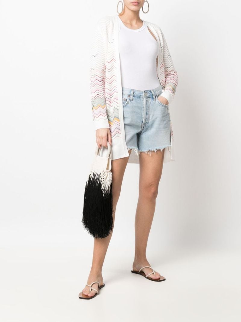 White Zigzag Pattern Belted Cardigan