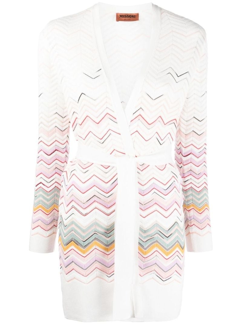 White Zigzag Pattern Belted Cardigan