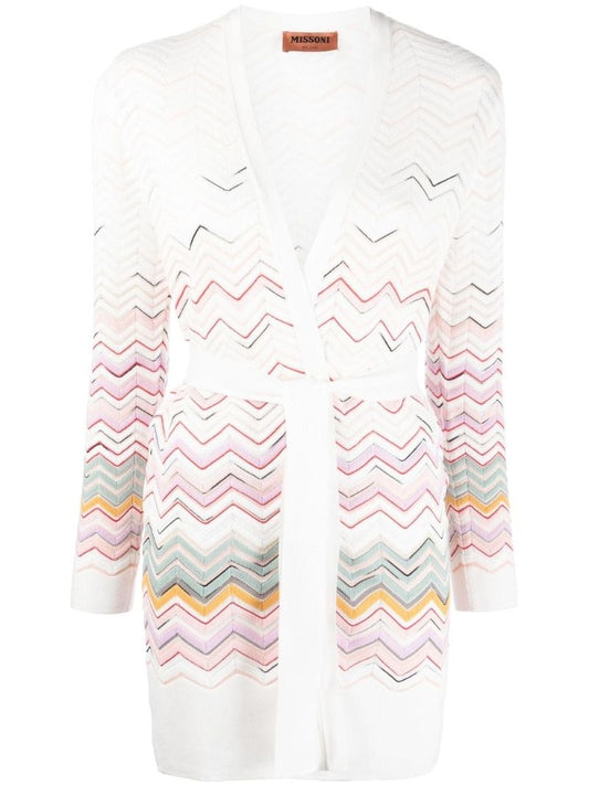 White Zigzag Pattern Belted Cardigan