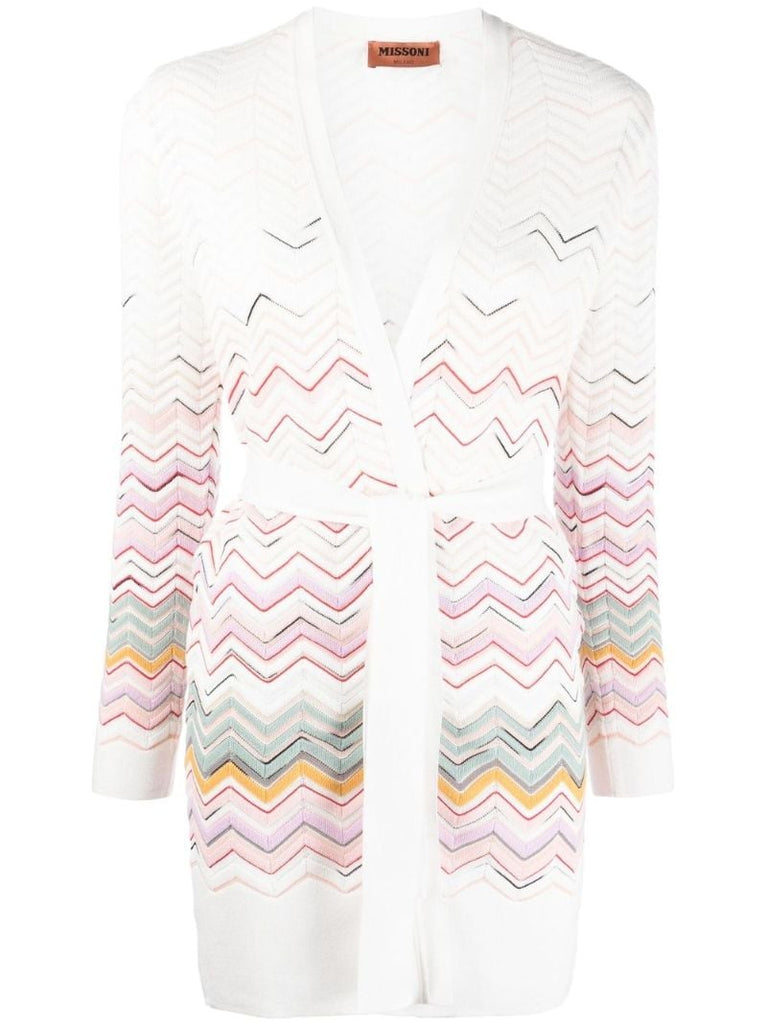 White Zigzag Pattern Belted Cardigan