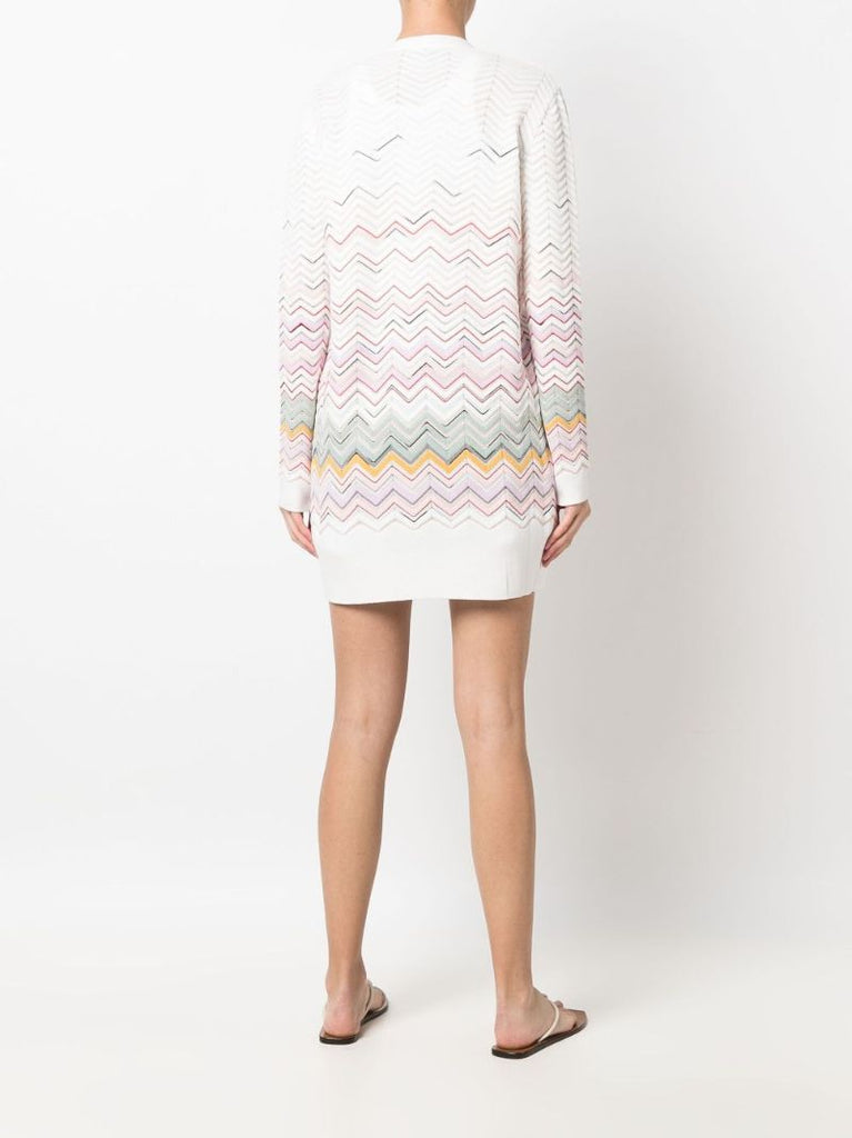 White Zigzag Pattern Belted Cardigan