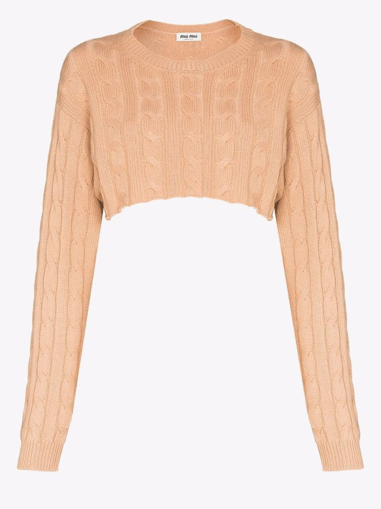 Cropped Cable Knit Cashmere Sweater