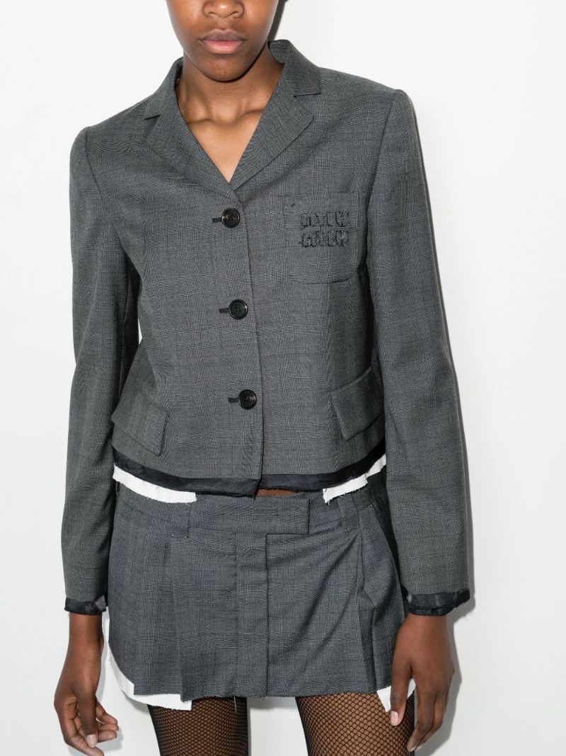 Checked Single-breasted Cropped Wool Blazer