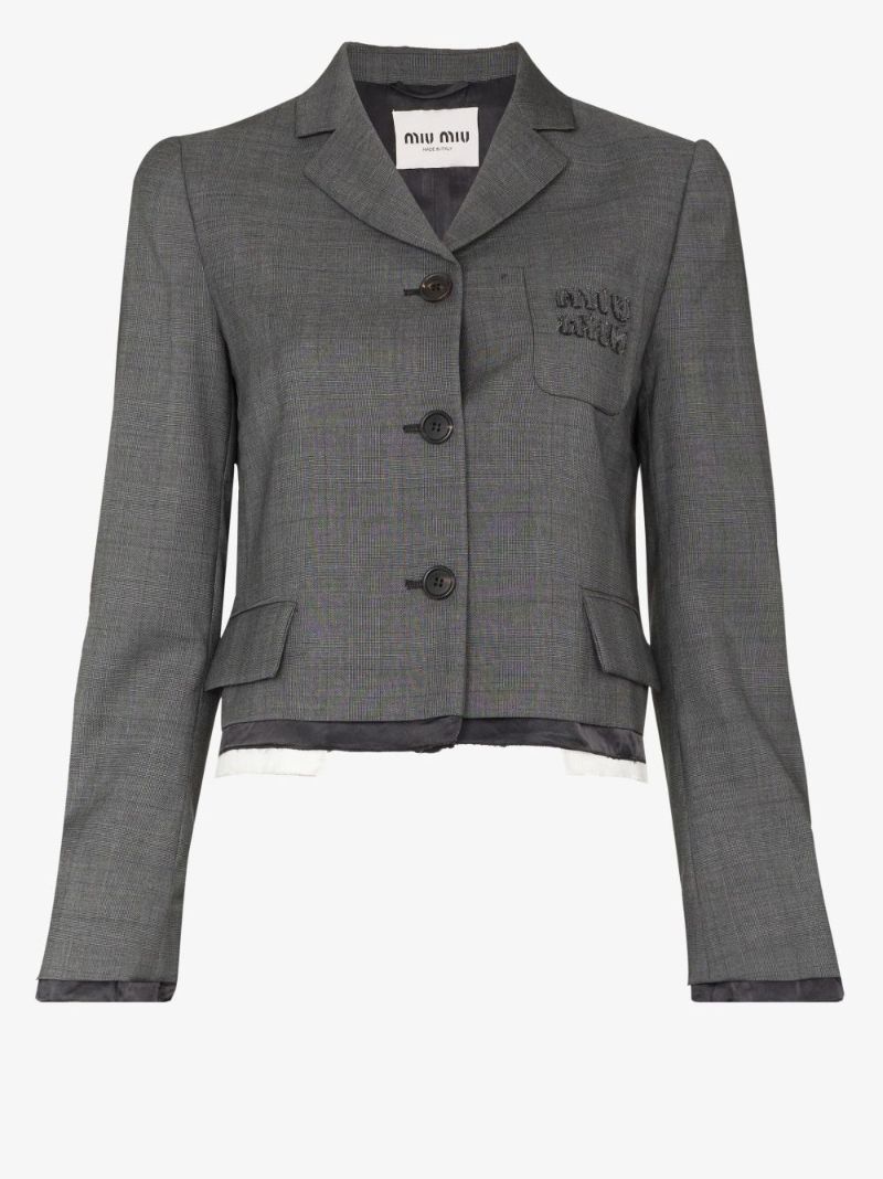 Checked Single-breasted Cropped Wool Blazer