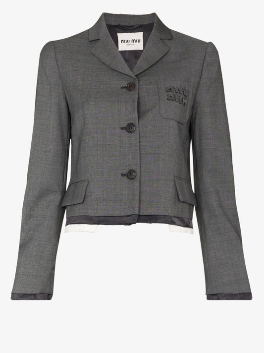 Checked Single-breasted Cropped Wool Blazer