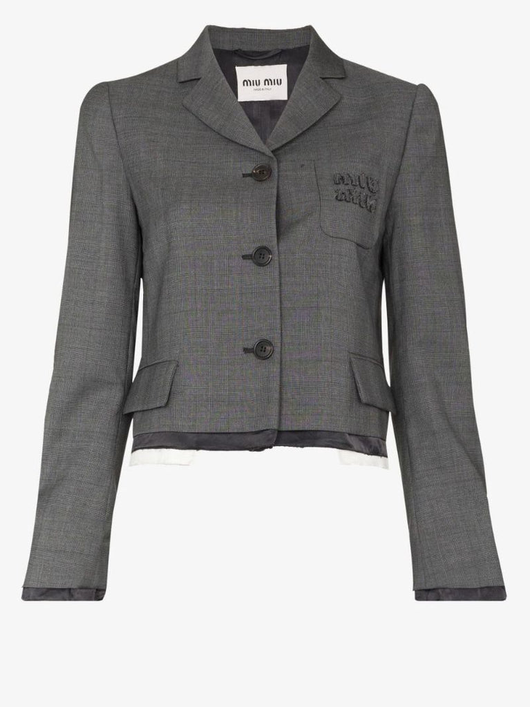 Checked Single-breasted Cropped Wool Blazer