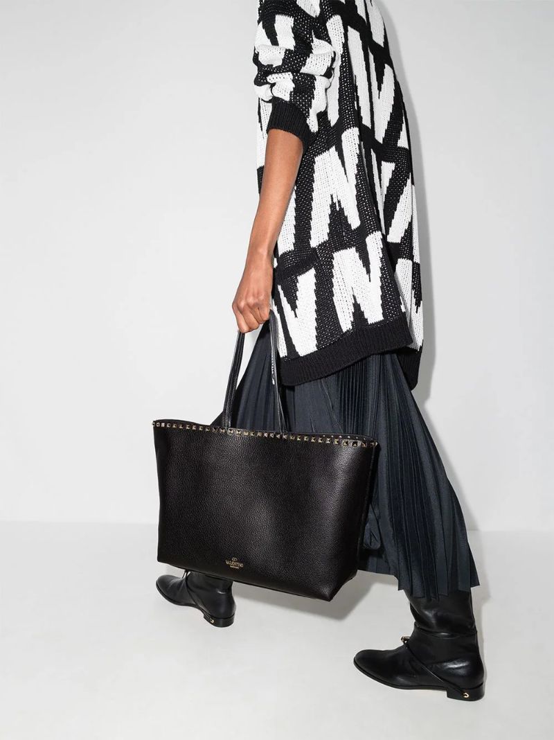 Black Rockstud Leather Tote Bag