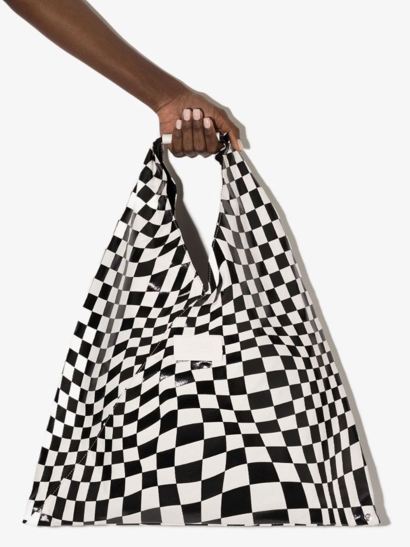 Black Checkerboard Print Leather Tote Bag