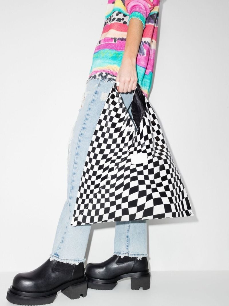 Black Checkerboard Print Leather Tote Bag
