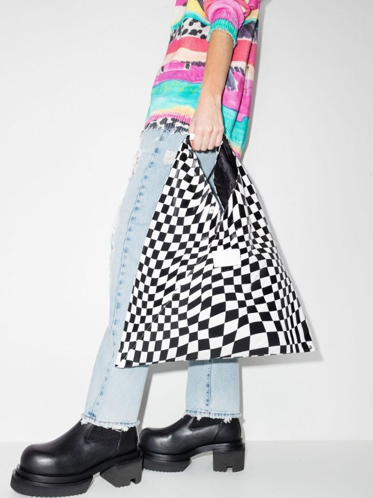 Black Checkerboard Print Leather Tote Bag