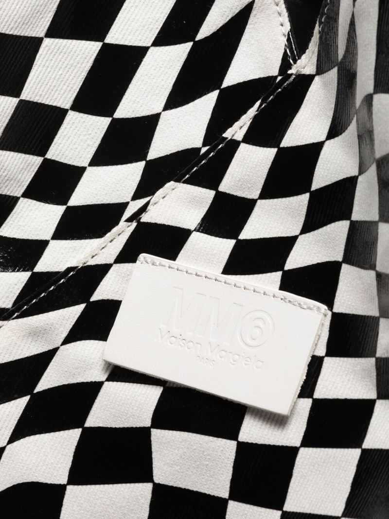 Black Checkerboard Print Leather Tote Bag