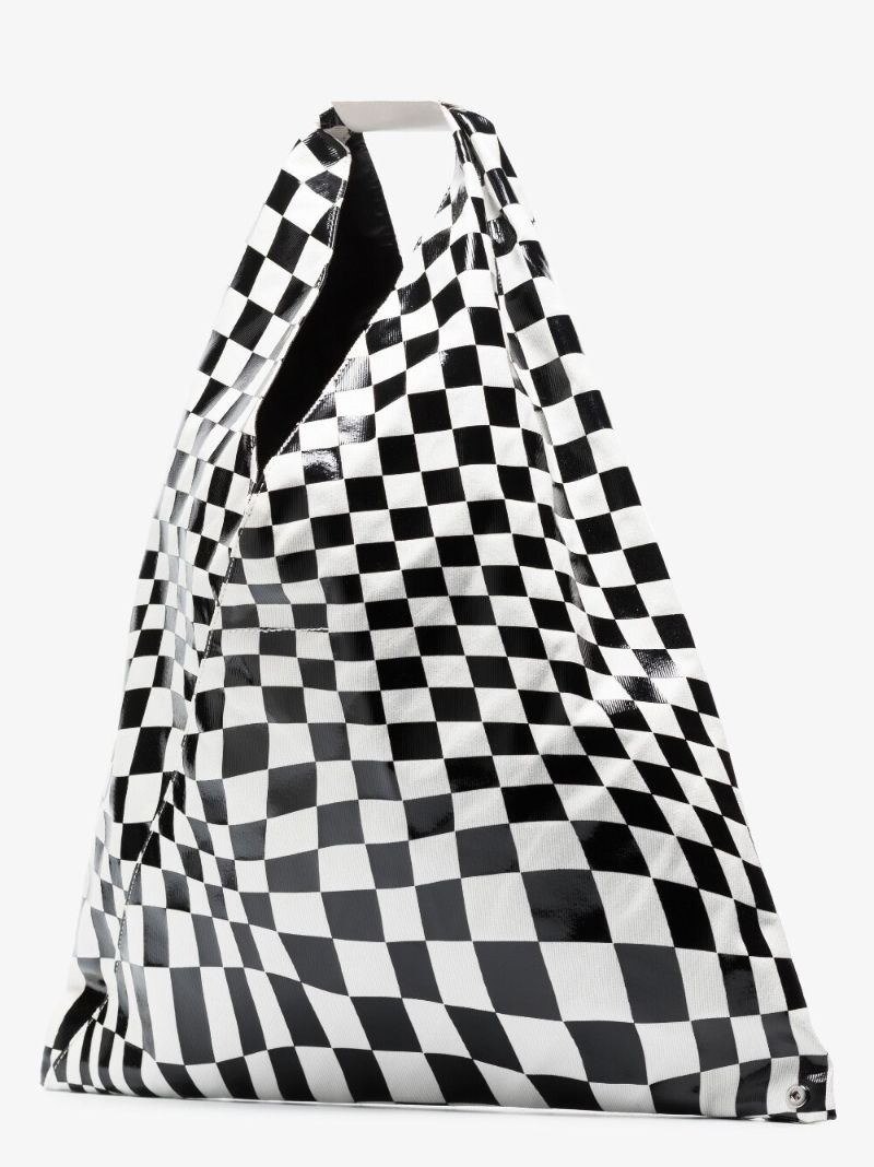 Black Checkerboard Print Leather Tote Bag