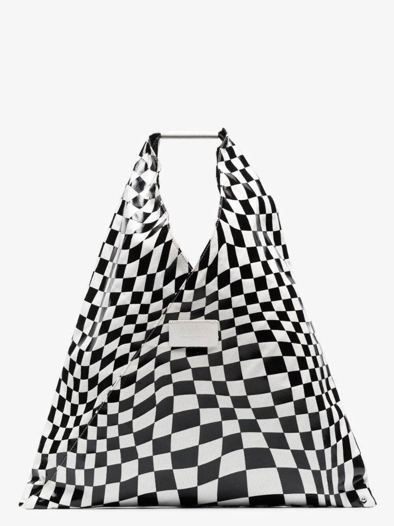 Black Checkerboard Print Leather Tote Bag