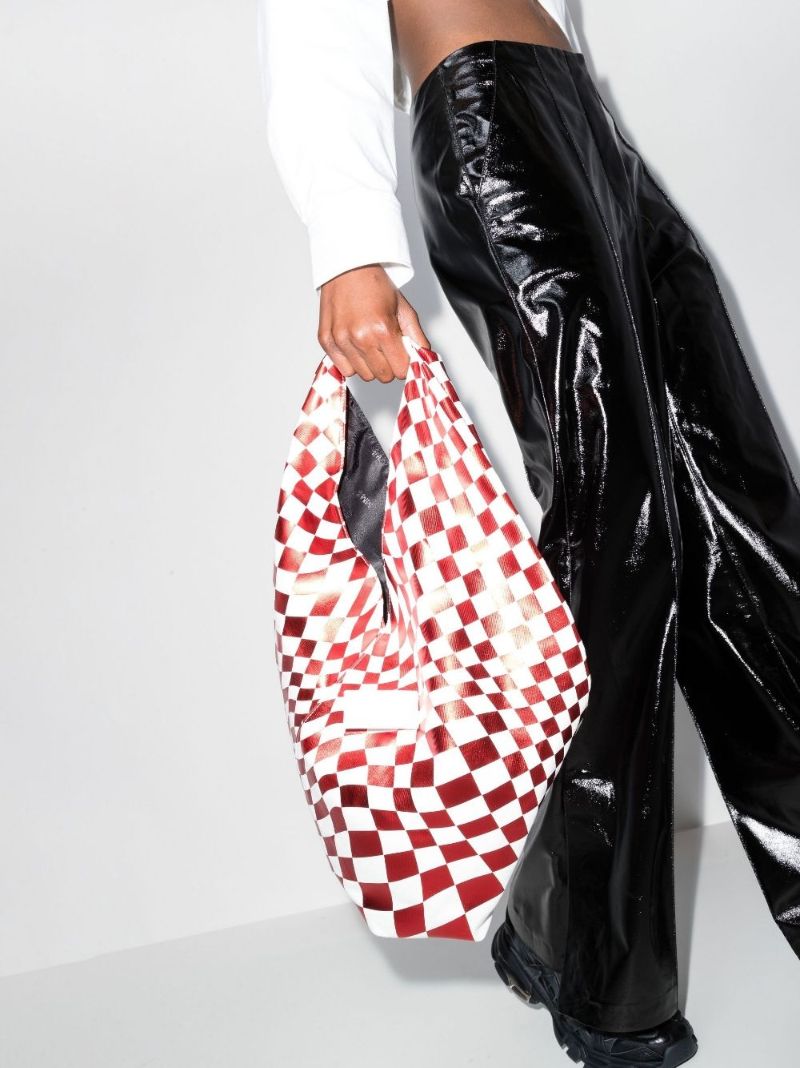Red Checkerboard Print Leather Tote Bag