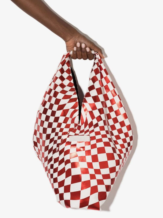 Red Checkerboard Print Leather Tote Bag