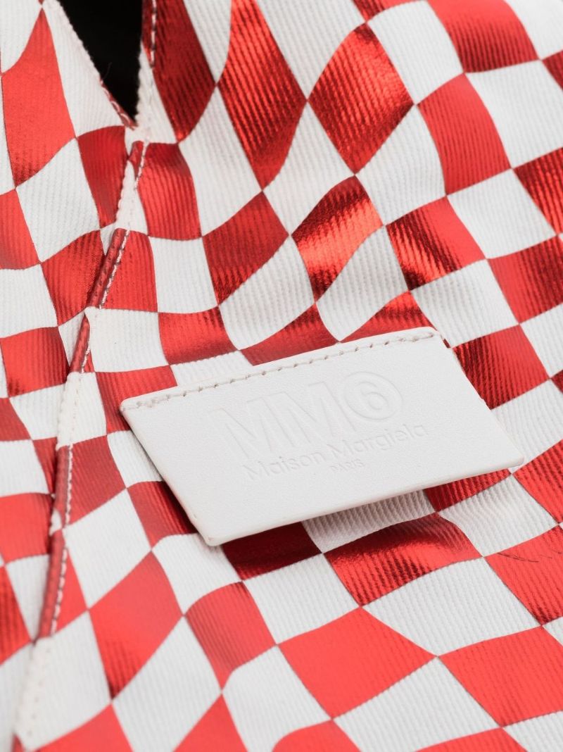 Red Checkerboard Print Leather Tote Bag
