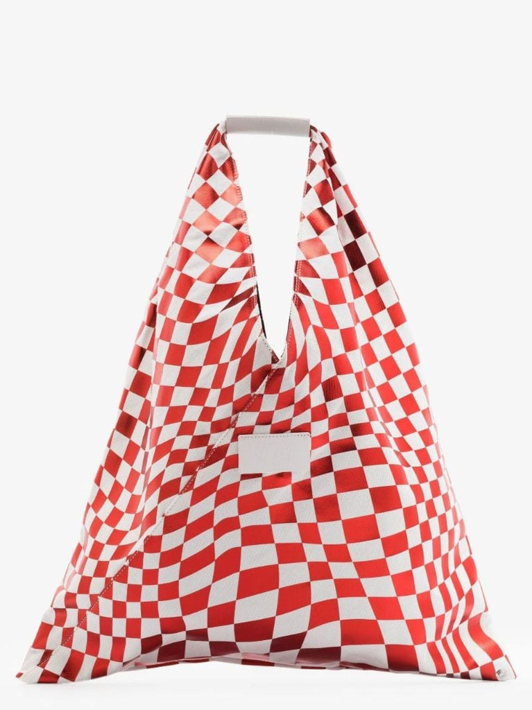 Red Checkerboard Print Leather Tote Bag