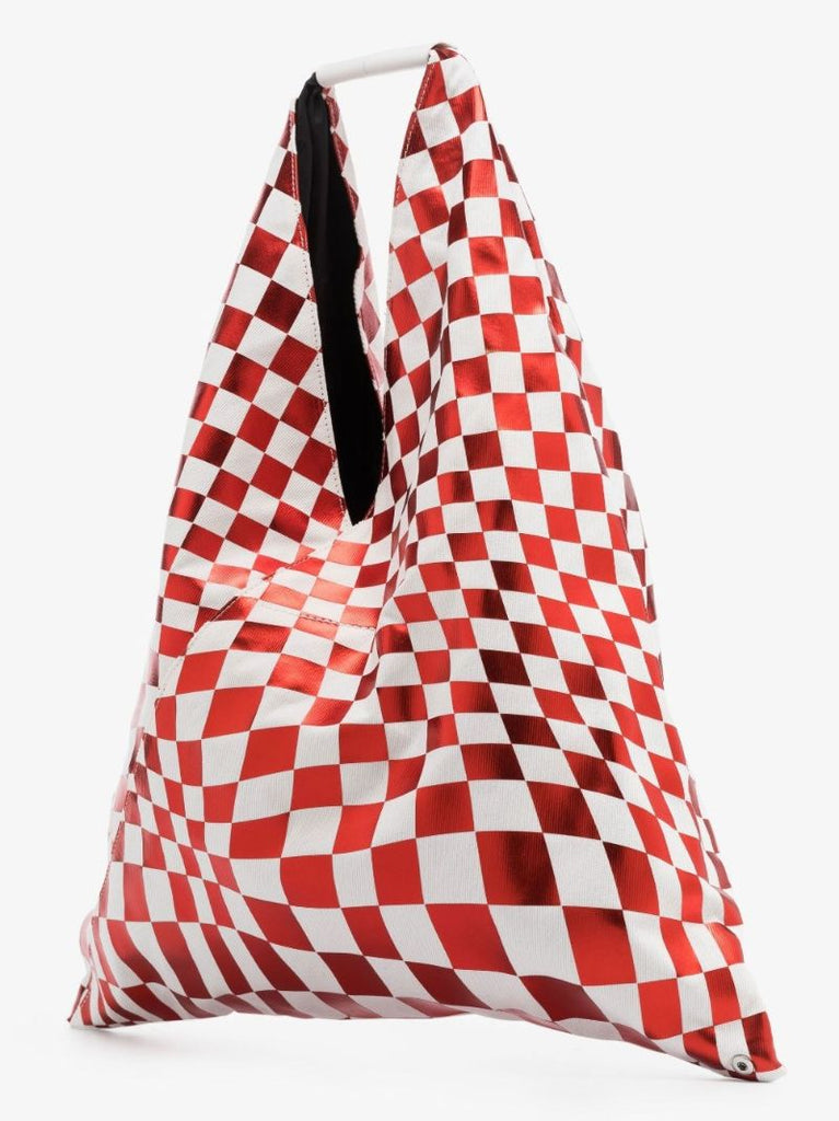 Red Checkerboard Print Leather Tote Bag