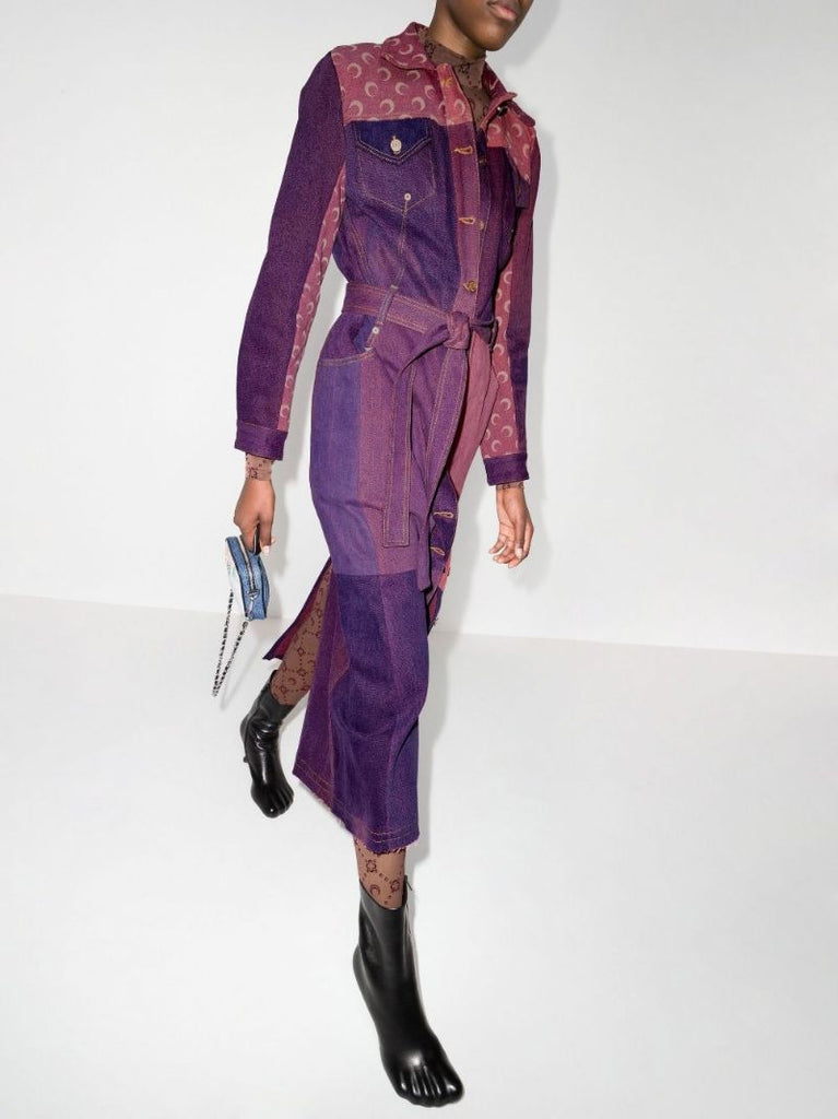 Crescent Moon Print Patchwork Denim Coat