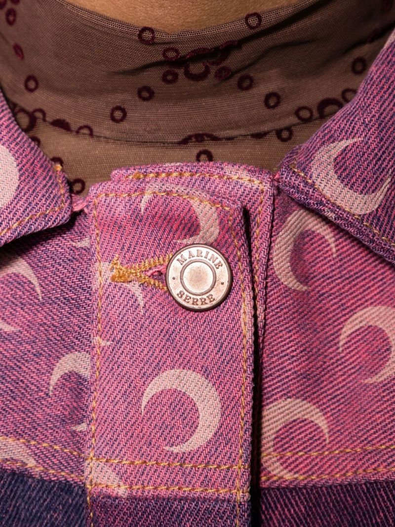 Crescent Moon Print Patchwork Denim Coat