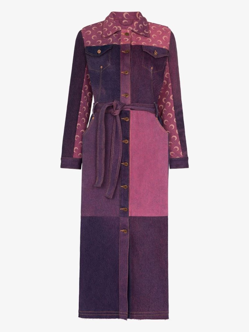 Crescent Moon Print Patchwork Denim Coat