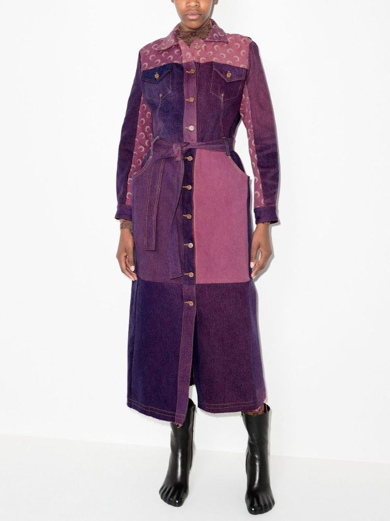 Crescent Moon Print Patchwork Denim Coat