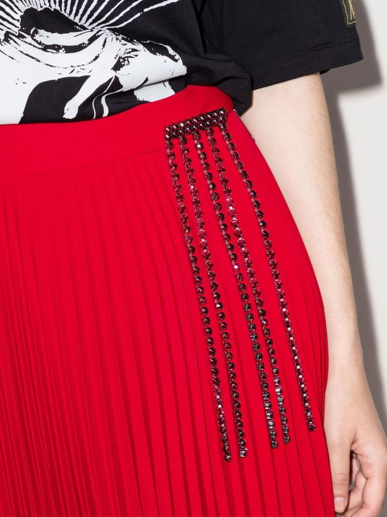 Red Crystal Fringe Pleated Skirt