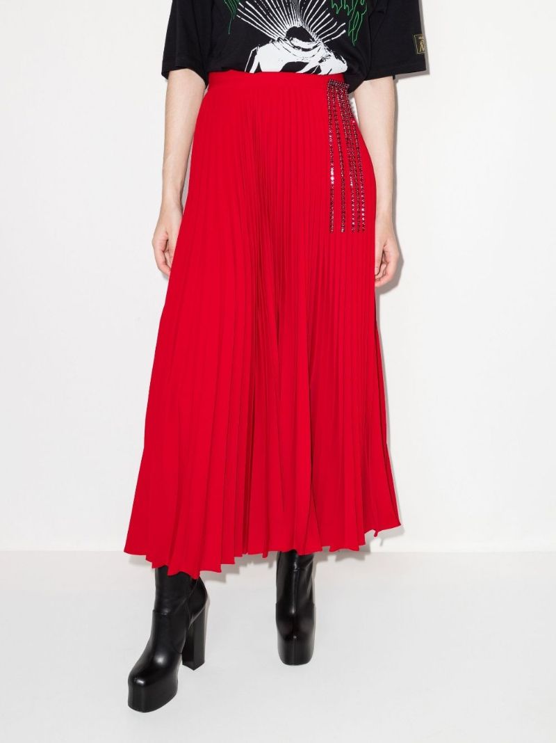 Red Crystal Fringe Pleated Skirt