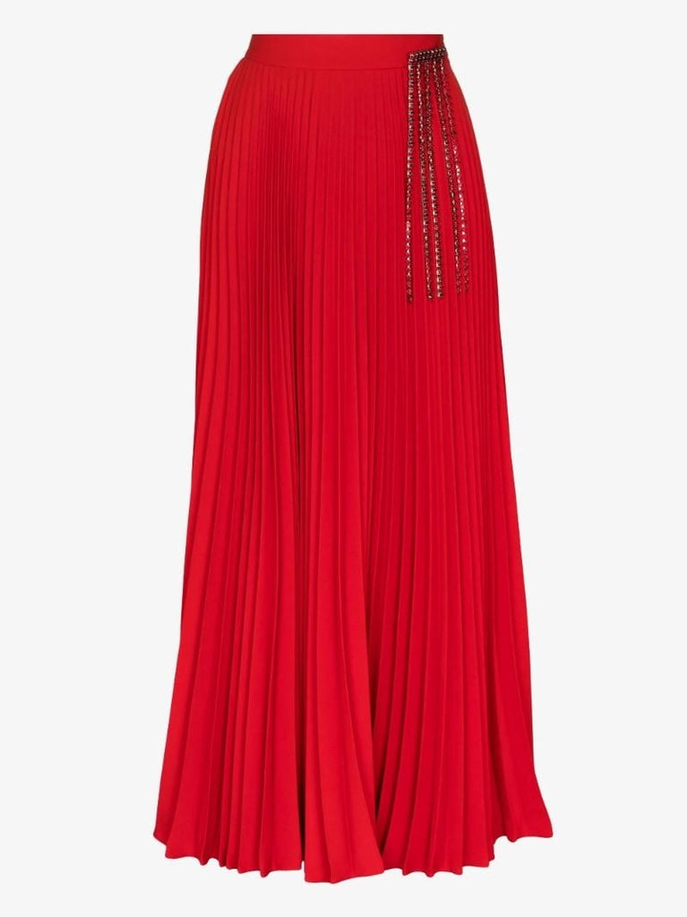 Red Crystal Fringe Pleated Skirt