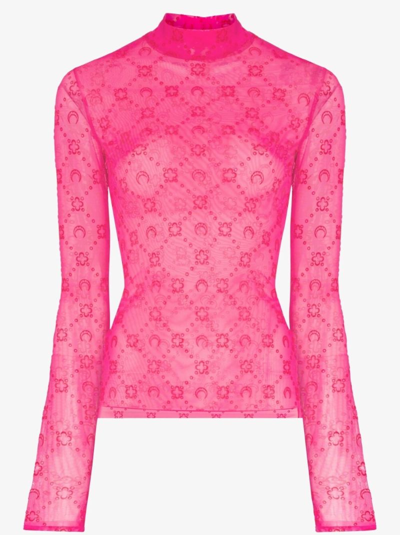 Moonogram Flocked Mesh Turtleneck Top