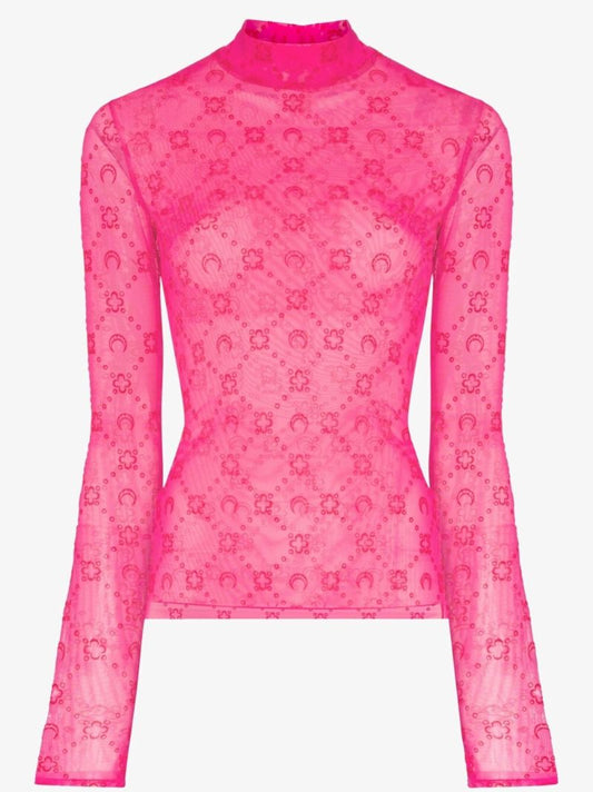 Moonogram Flocked Mesh Turtleneck Top
