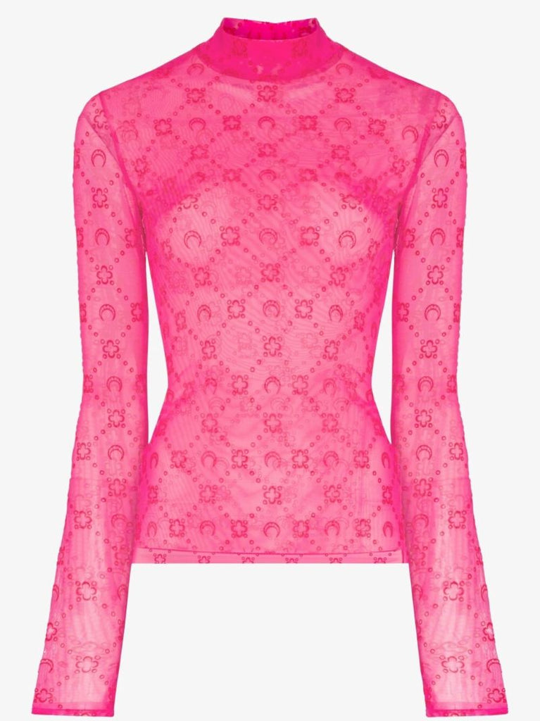 Moonogram Flocked Mesh Turtleneck Top