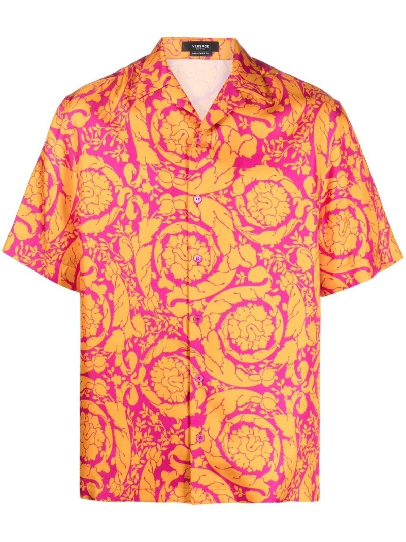 Orange Barocco Silhouette Print Silk Shirt