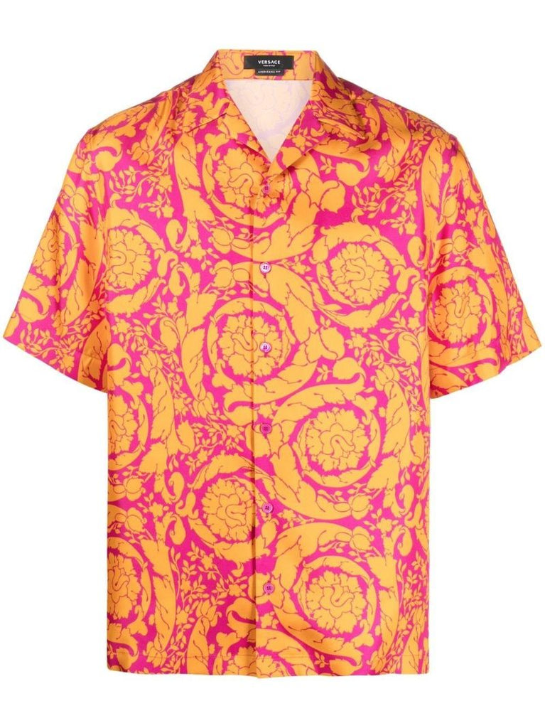 Orange Barocco Silhouette Print Silk Shirt