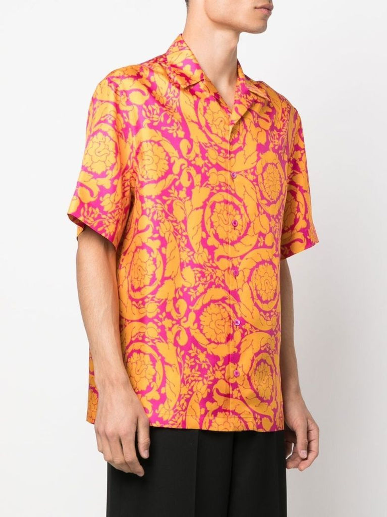 Orange Barocco Silhouette Print Silk Shirt