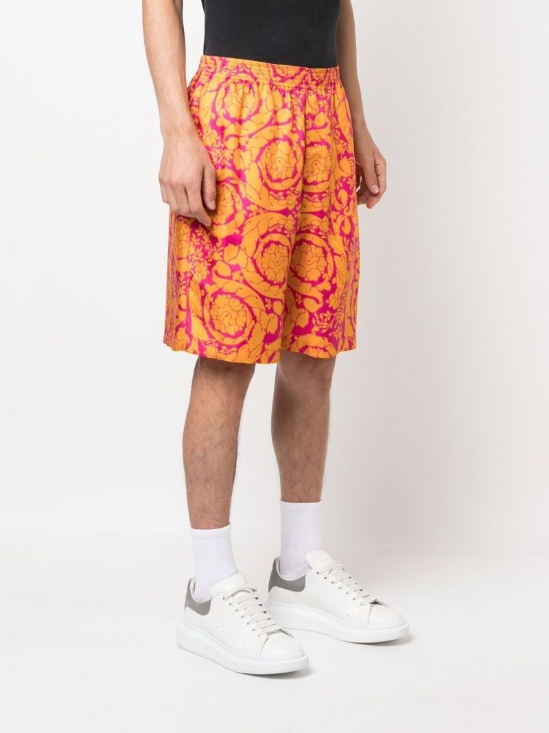 Orange Baroque Silhouette Print Silk Shorts