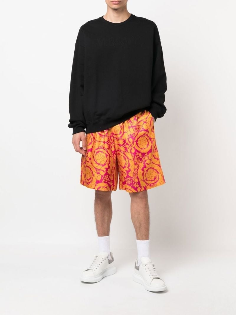 Orange Baroque Silhouette Print Silk Shorts