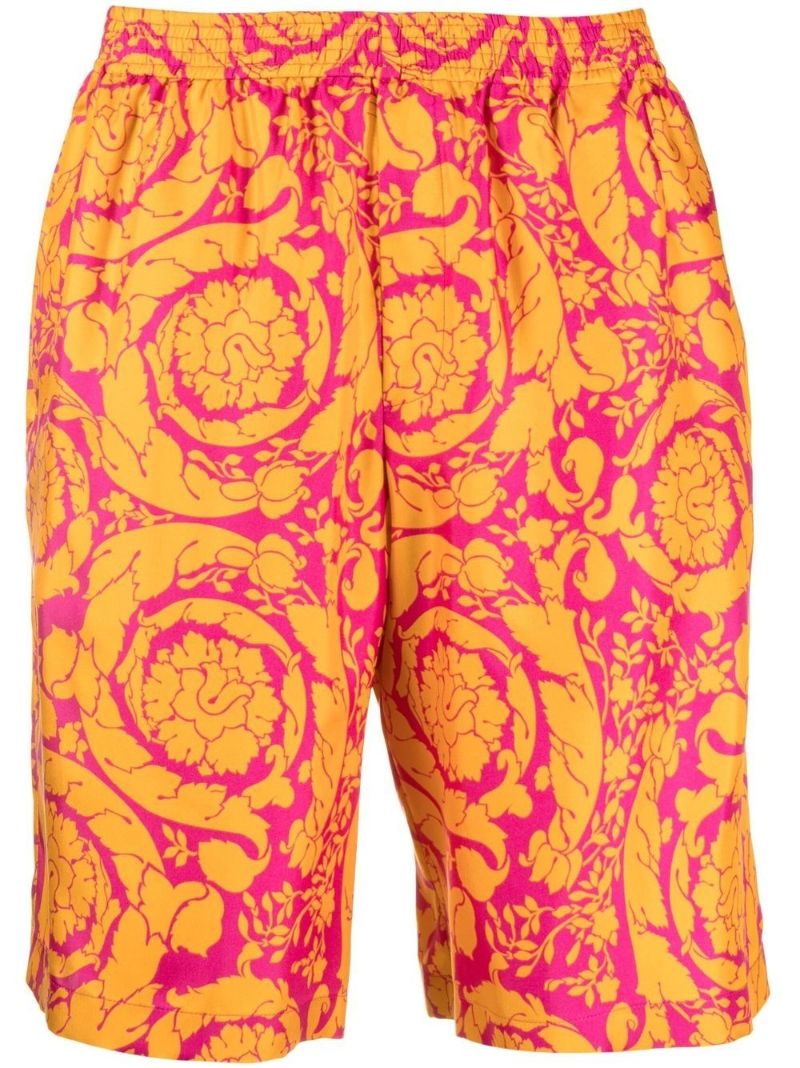 Orange Baroque Silhouette Print Silk Shorts