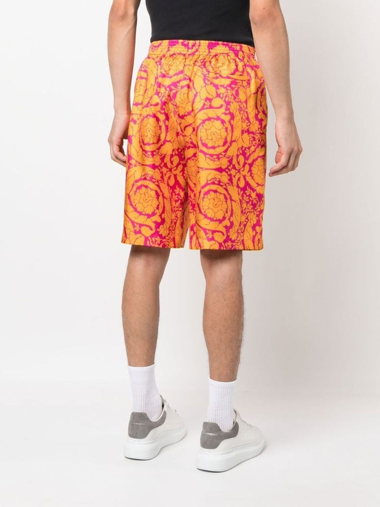Orange Baroque Silhouette Print Silk Shorts