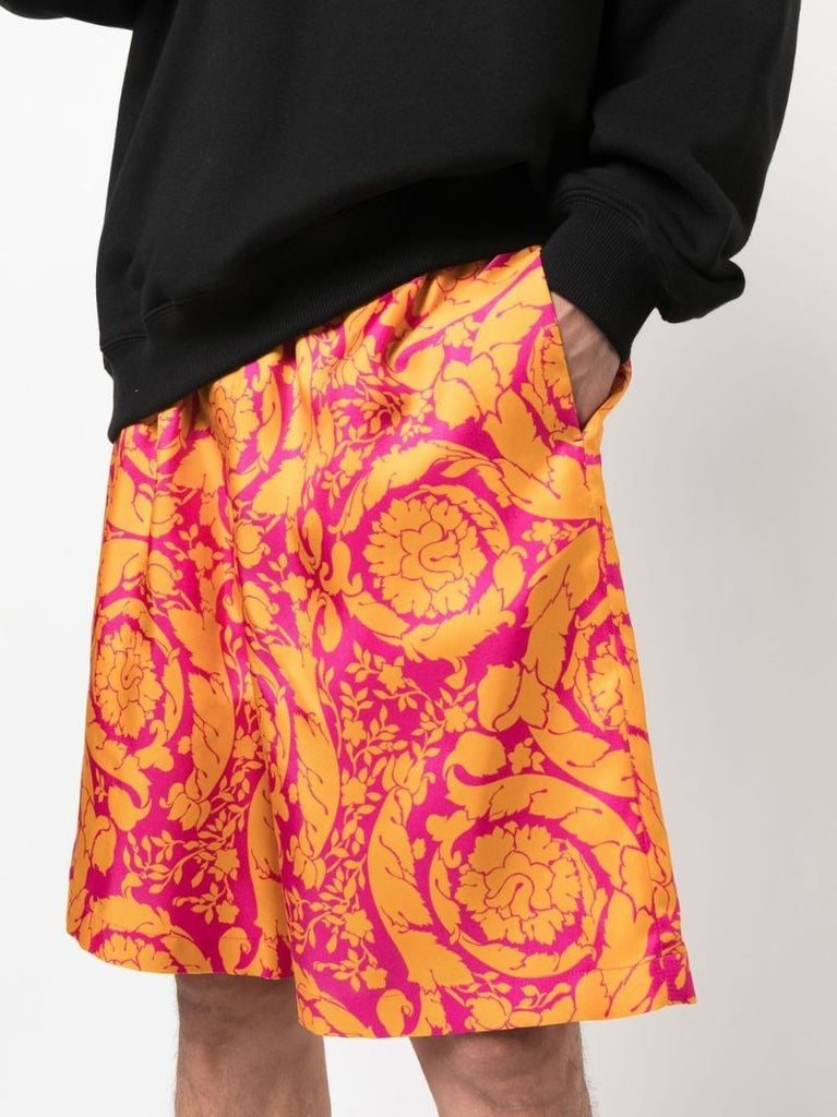 Orange Baroque Silhouette Print Silk Shorts