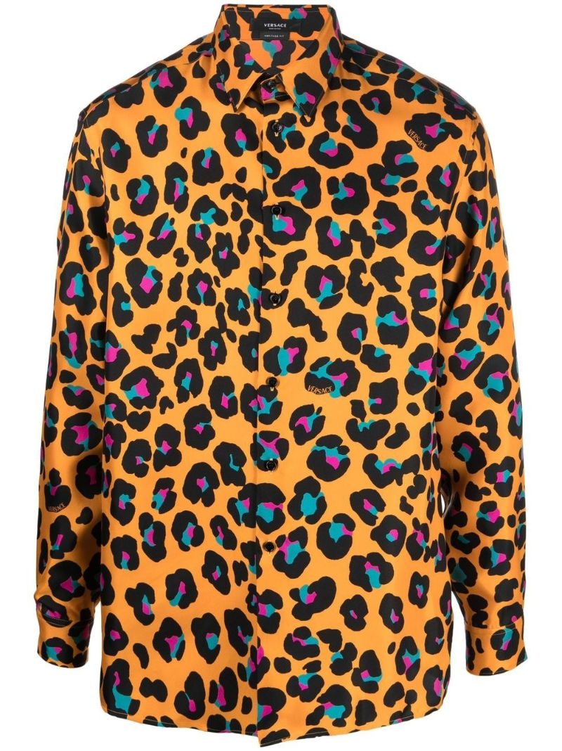 Orange Daisy Leopard Print Silk Shirt