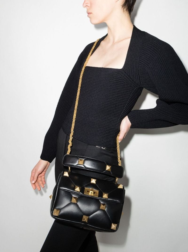 Black Roman Stud Medium Leather Shoulder Bag